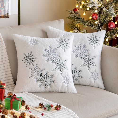 MIULEE Christmas Throw Pillow Covers Pack of 2 20x20 Inches, Festive Green Snowflake Design