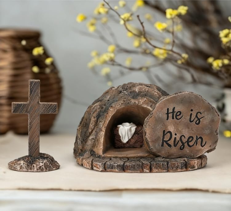 Resin Empty Tomb and Cross Easter Nativity Set - He Is Risen Tabletop Decor