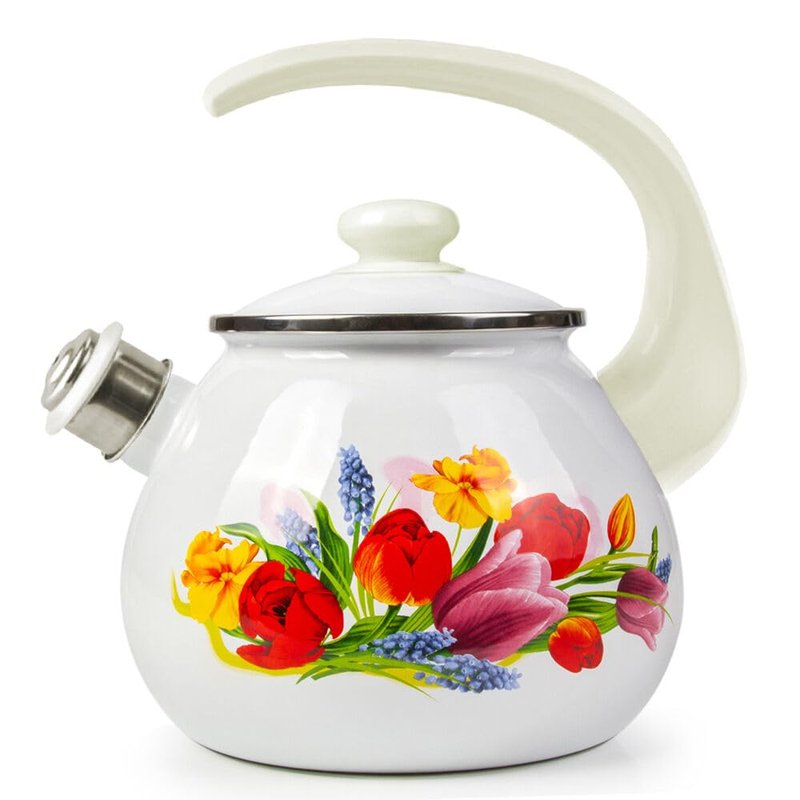 Enamel Kettle with Whistle 2.7 Qt (2.5 L) Stovetop Kettle with Ergonomic Handle, Enameled Steel Tea Pot for Stove Top, Vintage Kitchen Tea Kettle, Dishwasher and Induction Safe (Spring Bouquet)