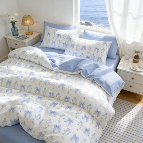 Full Size Cotton Duvet Cover Set - Blue Floral Bowknot Bedding