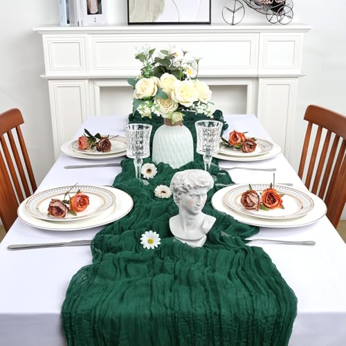8 Pack 10ft Emerald Green Table Runners - Polyester Cheesecloth for Weddings & Events