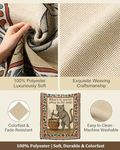 Weird Medieval Cat Woven Tapestry Throw Blanket with Fringe Tassels