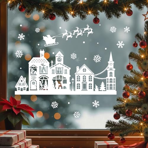 Mfault Christmas White House Window Clings - Santa Claus & Reindeer, 4 Sheets Holiday Decor