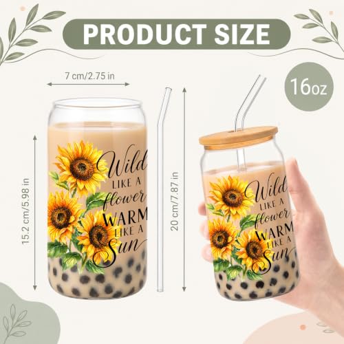 16oz Sunflower Glass Cups with Bamboo Lids and Straws, 6-Piece Set