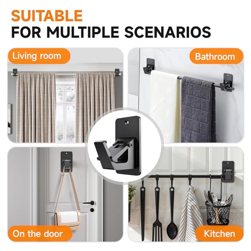 No-Drill Curtain Rod Brackets - Adhesive Wall Hooks, 4 Pack, Black