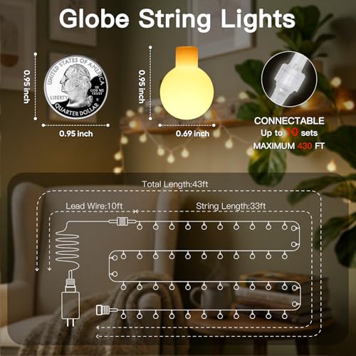 Suddus 43FT Connectable Globe String Lights, Plug-in Warm White LED Fairy Lights with Remote and Timer for Indoor and Outdoor Decor