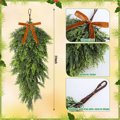27-Inch Artificial Cedar Christmas Teardrop Swag with Bow for Front Door