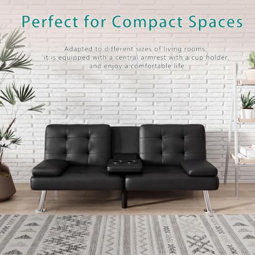 Flamaker Black Faux Leather Futon Sofa Bed Convertible Loveseat with Adjustable Back