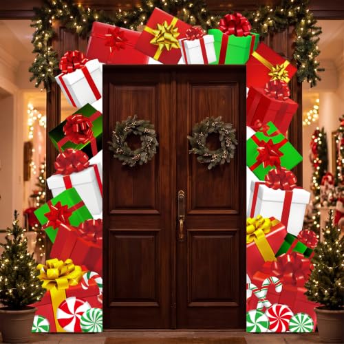 Peryiter 3-Piece Christmas Gift Box Door Decoration Set - Includes Header Banner 60x15 and Side Strips 70x21 (Holiday Gift Boxes)
