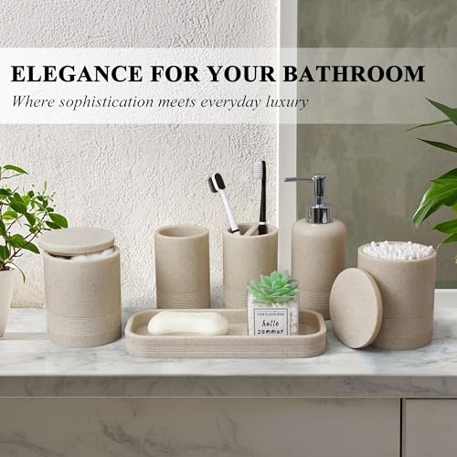 6-Piece Resin Bathroom Accessory Set, Stone Texture Organizer, Beige