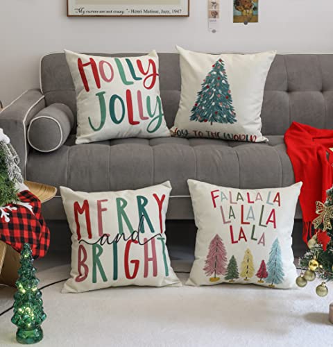 NEWLIGHTURE 18x18 Inch Throw Pillow Covers Set of 4 Christmas Holly Jolly Colorful