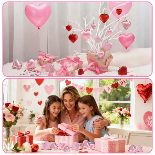 LEBERY Pink Valentine Heart Shaped Ornaments – 30Pcs Hanging Christmas & Wedding Decor (Pink)