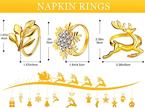 Patelai 6Pcs Christmas Napkin Rings Set Elk Leaf Snowflake Gold - 2 Each Style