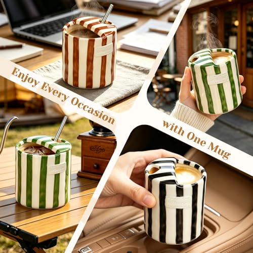 Alasynic Green Vintage Striped Ceramic Travel Mug 10oz - Cute Green Coffee Cup with Sip Hole