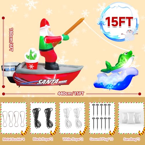 Kalolary 15FT Christmas Inflatable Santa Fishing with LED Lights - Holiday Yard Decor