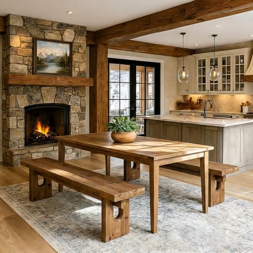 63" Solid Wood Farmhouse Dining Bench, Rustic Indoor Entryway Seating