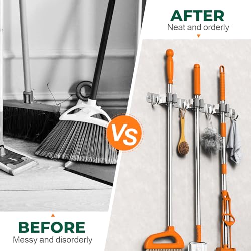 Stainless Steel Mop and Broom Holder Wall Mount with 3 Racks and 4 Hooks