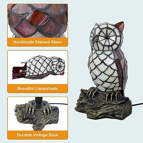 Cute Owl Tiffany Style Stained Glass Table Lamp with LED Night Light