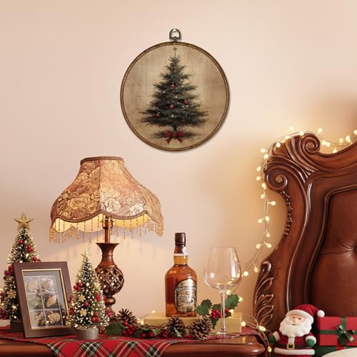 Voxitura Vintage Winter Christmas Tree Wall Art Round Framed - Coquette Bow 10x10in (Tree Bow Variation)