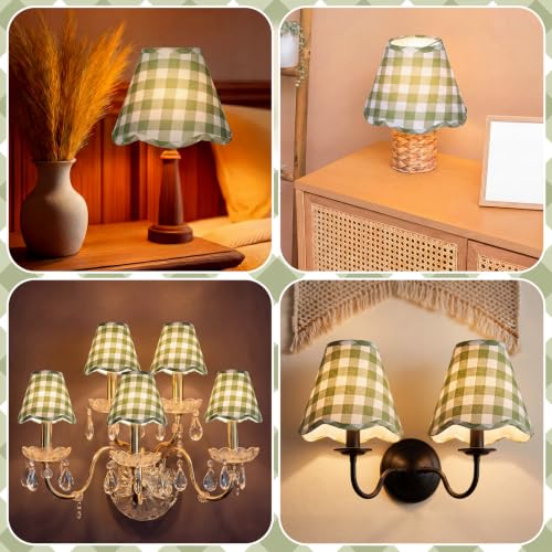 Gerrii 6 Pcs Scalloped Lampshades Green Plaid for Chandeliers – E12 Clip-On