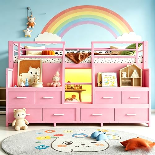 Twin Low Loft Bed with 8 Drawers, Storage Shelves and LED Lights