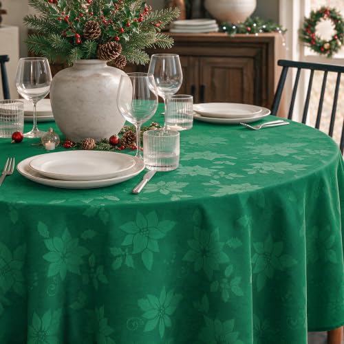 Horaldaily Green Jacquard Round Tablecloth 60x60 Inches for Christmas & Holiday Dining