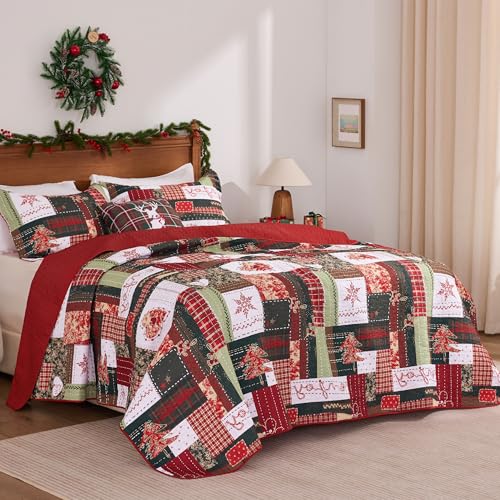 PPOLCA Christmas Queen Quilt Bedding Set - Reversible Patchwork Bedspread, All Season, Forest Green, Queen Size