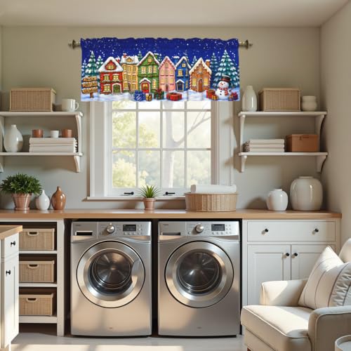 Blue Cartoon Houses Christmas Kitchen Valance 54x18in - Xmas Curtain