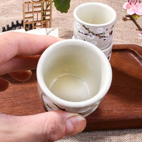 Whitenesser Japanese Ceramic Sake Cup Set of 6 - White Vintage Plum Tea Cups 1.81"