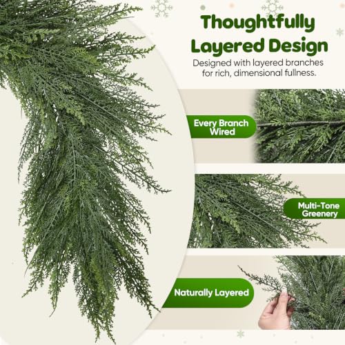 9FT FAJUNZH Extra Full Layered Cedar Garland 9FT-1PC Soft-Touch Greenery
