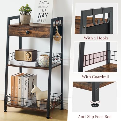 3-Tier Bathroom Ladder Shelf with Storage Drawer and Towel Hooks