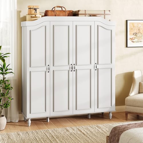 71-Inch Arched Armoire Wardrobe Closet, 4-Door White Wooden Storage Cabinet