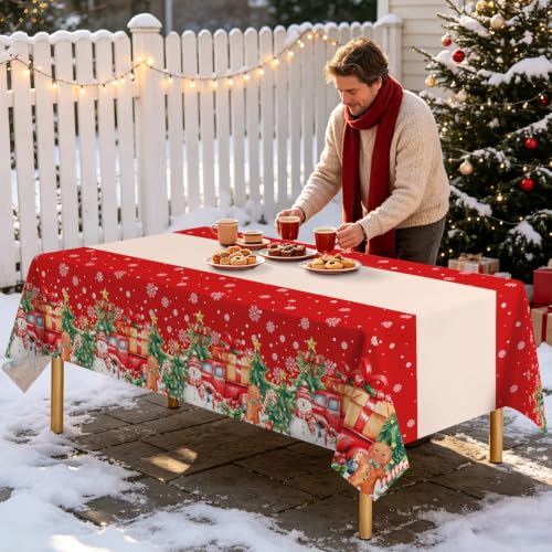 Christmas Snowman Red Disposable Plastic Tablecloths 54 x 108 Inch, Pack of 3 — Winter Holiday Party Supplies