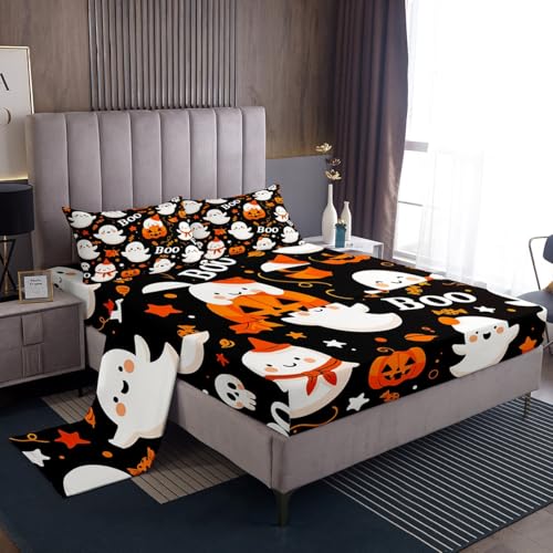 Kids Halloween Fitted Sheet Set - Cartoon Pumpkin Lantern Ghost Twin 075 Multi