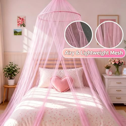 Pink Round Dome Bed Canopy for Girls - Breathable Mosquito Netting