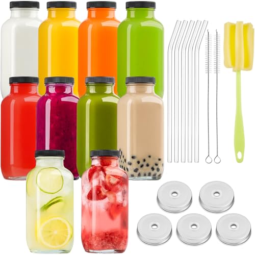 Kucoele 16oz Glass Juice Bottles with Airtight Lids & Straws - Pack of 10