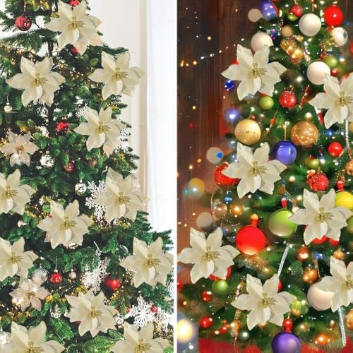 Bodosac 24Pcs Glitter Poinsettia Christmas Flowers with Clips 5in - Gold