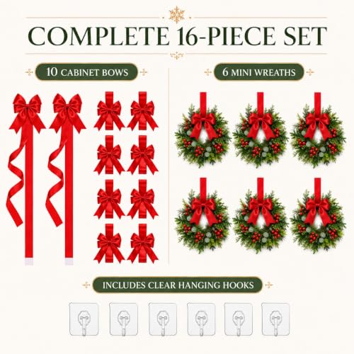 Classic Red 16-Piece Cabinet Decorating Set: 10 Large Bows + 6 Mini Wreaths