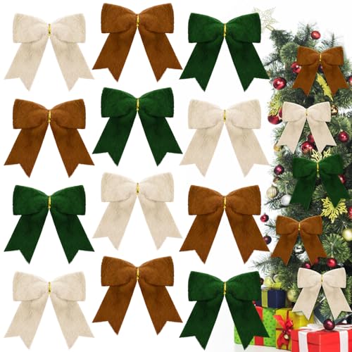 Hollowfly 12-Pack Christmas Faux Fur Bows for Tree & Decor, Green, Brown, Beige