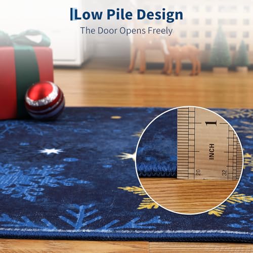 GarveeHome 8x10 Blue Christmas Snowflake Non-Slip Rug – Washable Holiday Home Decor