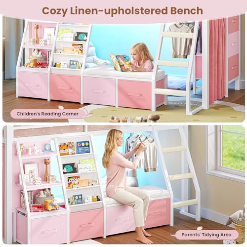 Kids Loft Bed with Storage Drawers, Reading Nook & LED Lights, White & Pink