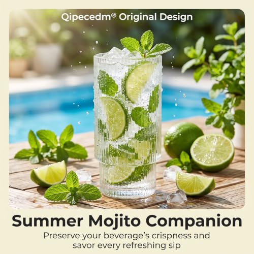 Qipecedm 6 Pack Vintage Ribbed Highball Glasses 16 oz - Elegant Drinking Glassware