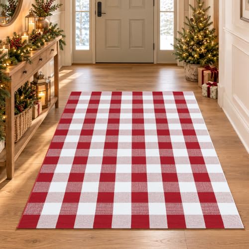 Homydecor Red & White Plaid 4' x 6' Rug - Reversible Cotton Blend, Washable Porch & Entryway