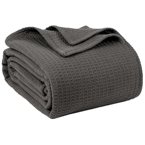 100% Cotton Waffle Weave Blanket - Lightweight Queen Bed Blanket, Dark Grey