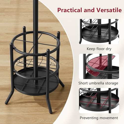 Freestanding Coat Rack with Umbrella Holder and 16 Hooks, Black Metal