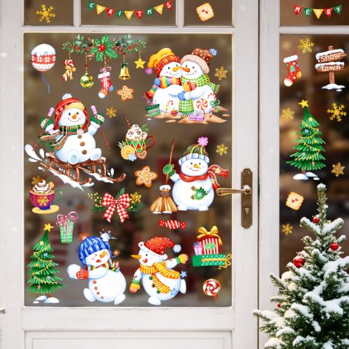 Supzone Christmas Snowman Window Clings Winter Snowflake Xmas Tree Holiday Decals - Pack of 9