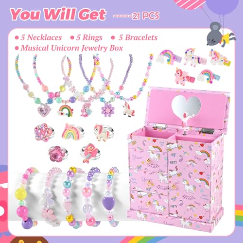 Unicorn Musical Jewelry Box for Girls with 21-Piece Accessory Set