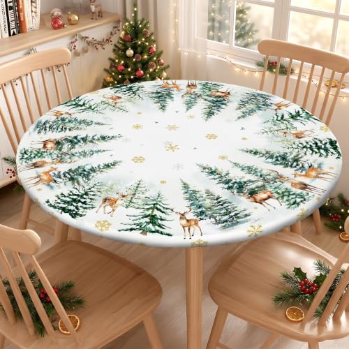 Miffrank Christmas Round Fitted Tablecloth 40-44in with Elastic Edge – Waterproof Snow Reindeer Xmas Tree Pattern