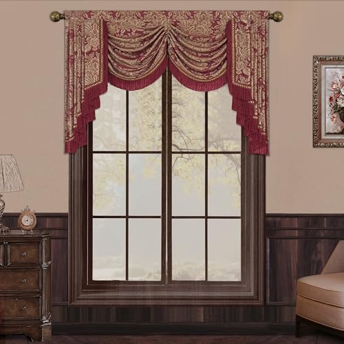 Loom and Mill Burgundy Waterfall Valance 59"W x 45"L - Elegant Jacquard Window Treatment
