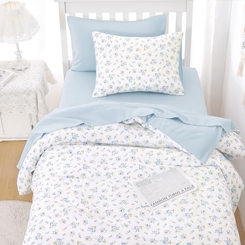 Floral Comforter Set Twin/Twin XL - 3 Piece Soft Flower Bedding, White Blue